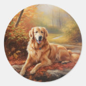 Goldener Retriever im Herbst Leaves Inspiriert Runder Aufkleber (Vorderseite)