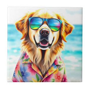 Goldener Retriever im Sommer über Wasserfarbe Fliese