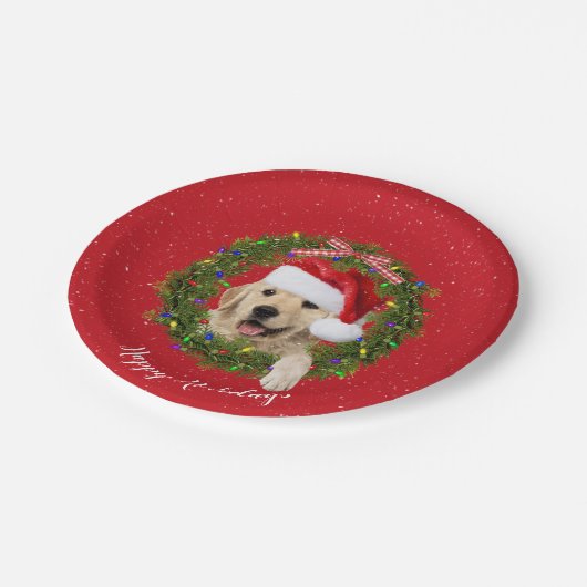 Goldener Retriever im Weihnachtskranz Pappteller (Schrägansicht)