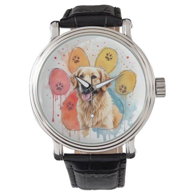 Goldener Retriever in Aquarellfarben Printwerbung Armbanduhr (Vorderseite)