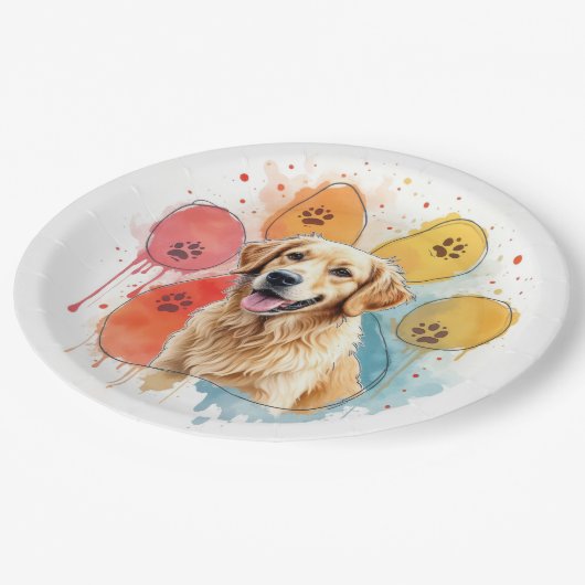 Goldener Retriever in Aquarellfarben Printwerbung Pappteller (Schrägansicht)