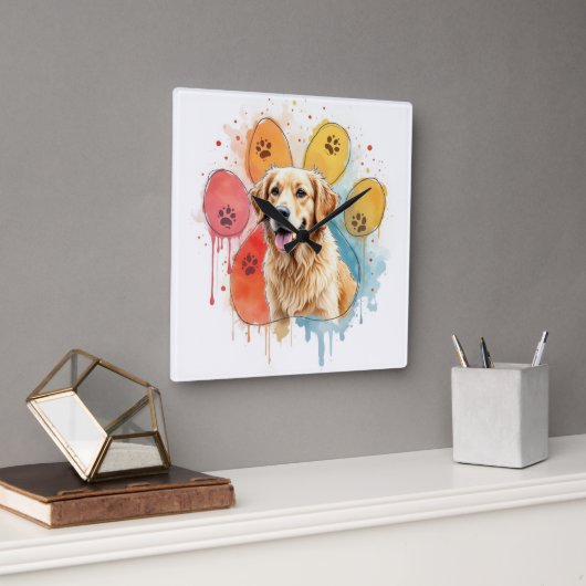 Goldener Retriever in Aquarellfarben Printwerbung Quadratische Wanduhr (Büro)