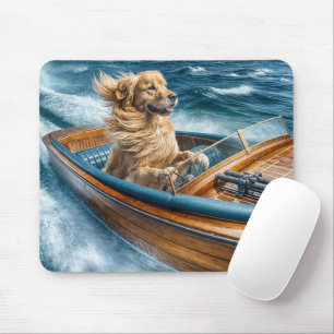 Goldener Retriever in einem Vintagen Holzboot Mousepad