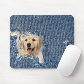 Goldener Retriever in gebrechtem Denim-Loch Mousepad (Mit Mouse)