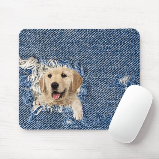 Goldener Retriever in gebrechtem Denim-Loch Mousepad (Mit Mouse)