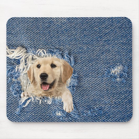 Goldener Retriever in gebrechtem Denim-Loch Mousepad (Vorne)