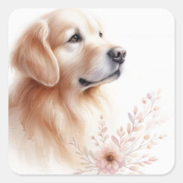 Goldener Retriever mit Blume Aquarell Quadratischer Aufkleber