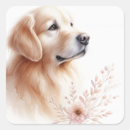 Goldener Retriever mit Blume Aquarell Quadratischer Aufkleber (Vorderseite)
