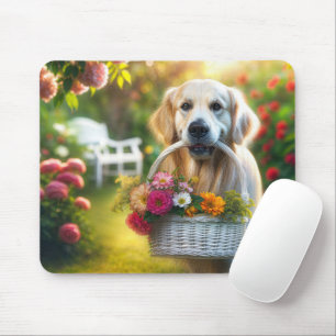 Goldener Retriever mit einem Blume-Korb Mousepad