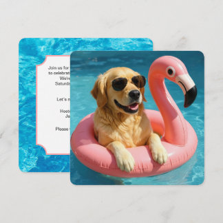 Goldener Retriever mit Flamingo Pool Party Einladung