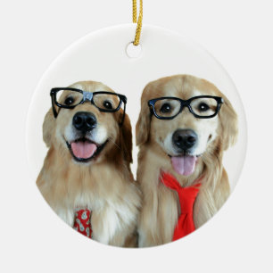 Goldener Retriever mit Nerd-Gläsern Keramik Ornament