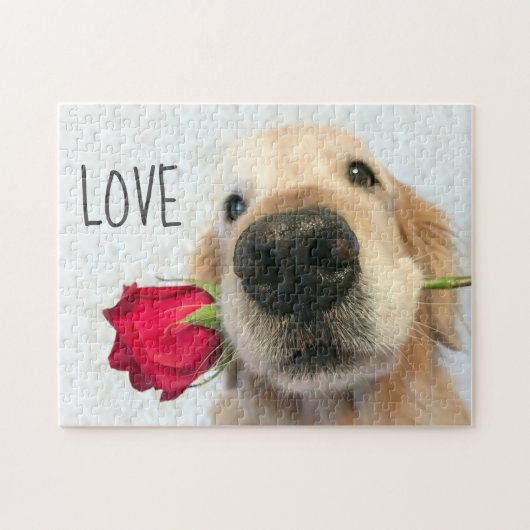 Goldener Retriever mit Rote Rose Valentine Liebe Puzzle (Horizontal)