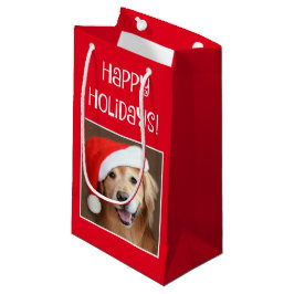 Goldener Retriever mit roter Weihnachtsmannmütze Kleine Geschenktüte