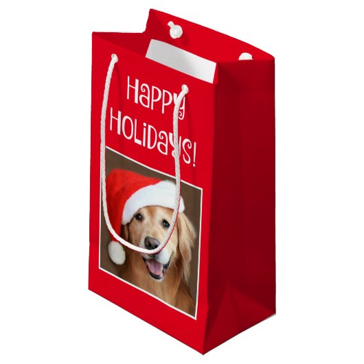 Goldener Retriever mit roter Weihnachtsmannmütze Kleine Geschenktüte (Vorderseite Schrägansicht)