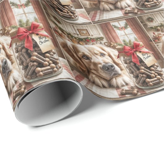 Goldener Retriever mit Weihnachtsknochen im Jar Geschenkpapier (Rolleneckpunkt)