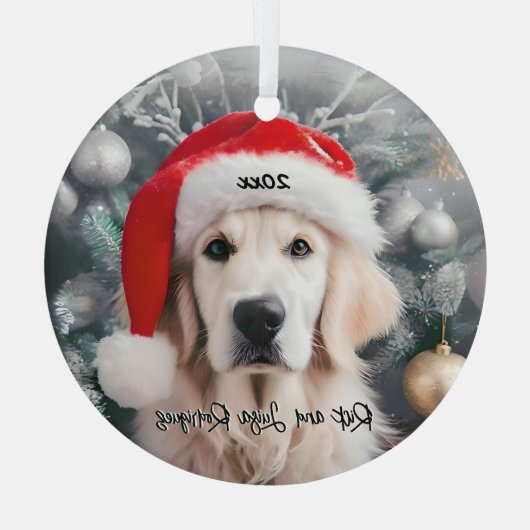 Goldener Retriever mit Weihnachtsmannmütze Ornament Aus Glas (Rückseite)