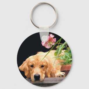 Goldener Retriever-Schlüsselanhänger mit Blume Schlüsselanhänger