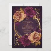 Goldener Ring mit Rose Dunkler Lila und brauner Zu Einladung (Vorderseite)
