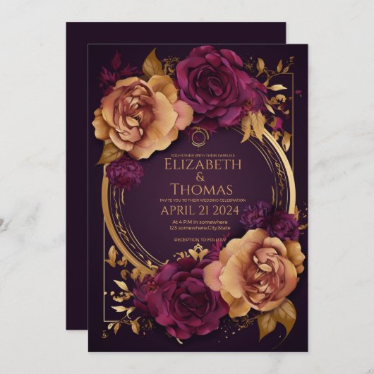 Goldener Ring mit Rose Dunkler Lila und brauner Zu Einladung (Vorne/Hinten)