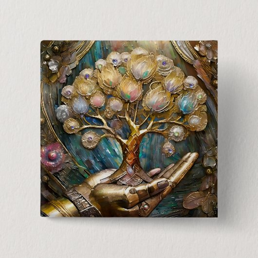 Goldener Roboter-Handholz Gold Tree of Life Button (Vorderseite)