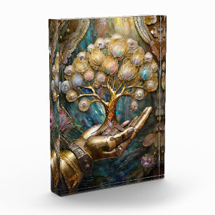 Goldener Roboter-Handholz Gold Tree of Life Fotoblock