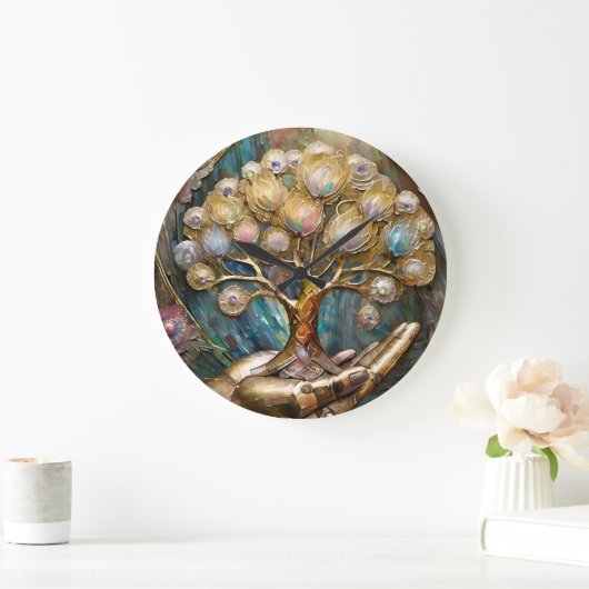 Goldener Roboter-Handholz Gold Tree of Life Große Wanduhr (Zuhause)