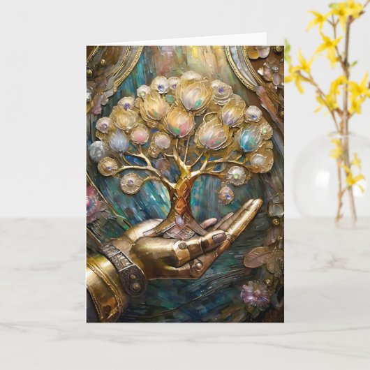 Goldener Roboter-Handholz Gold Tree of Life Karte (Gelbe Blume)