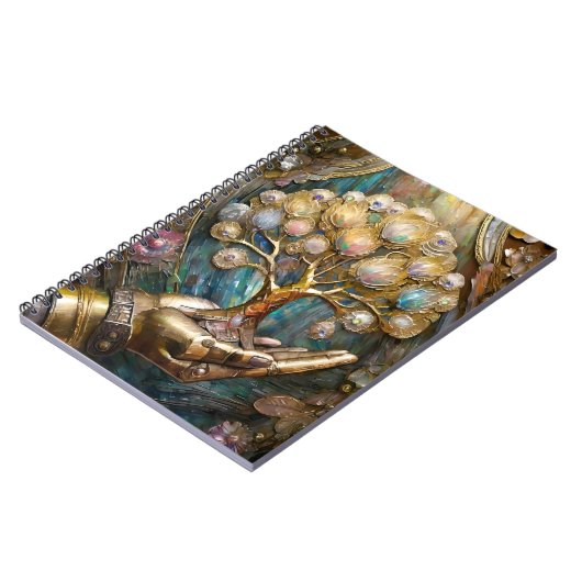 Goldener Roboter-Handholz Gold Tree of Life Notizblock (Linke Seite)