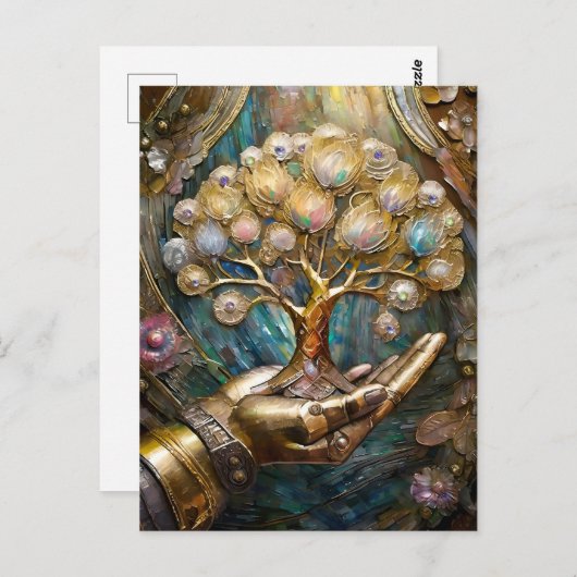 Goldener Roboter-Handholz Gold Tree of Life Postkarte (Vorne/Hinten)