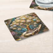 Goldener Roboter-Handholz Gold Tree of Life Rechteckiger Pappuntersetzer (angewinkelt)