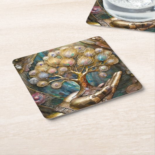 Goldener Roboter-Handholz Gold Tree of Life Rechteckiger Pappuntersetzer (angewinkelt)