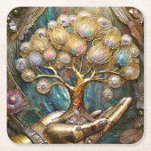 Goldener Roboter-Handholz Gold Tree of Life Rechteckiger Pappuntersetzer (Vorderseite)