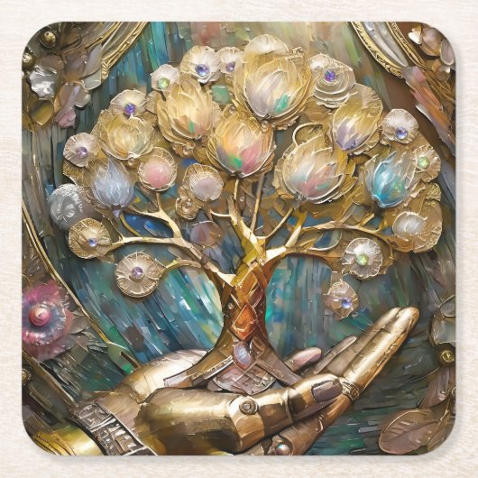 Goldener Roboter-Handholz Gold Tree of Life Rechteckiger Pappuntersetzer (Vorderseite)