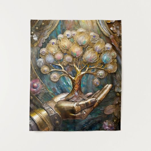 Goldener Roboter-Handholz Gold Tree of Life Wandteppich (Vorderseite)