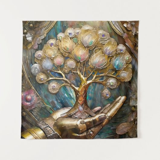 Goldener Roboter-Handholz Gold Tree of Life Wandteppich (Vorderseite)