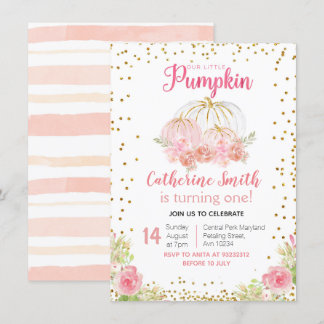 Goldener Rosa Floral Gold Pumpkin 1. Geburtstag Einladung
