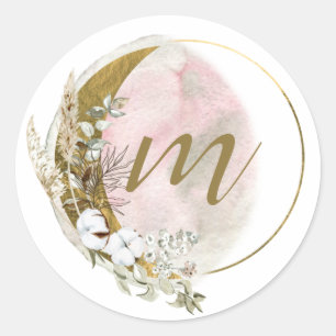 Goldener Rosa Hauch Monogramm Wasserfarbe Himmelsk Runder Aufkleber