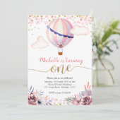 Goldener Rosa Heißluftballon Girl Erster Geburtsta Einladung (Stehend Vorderseite)