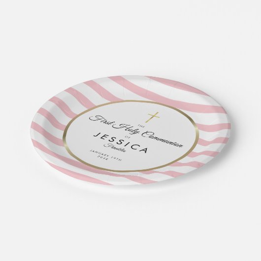 Goldener Rosa Streifen Erste Heilige Kommune Pappteller (Schrägansicht)