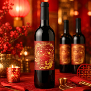 Goldener Roter Drache Phoenix Chinesische Hochzeit Weinetikett