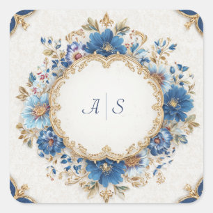 Goldener Royalblauer Blumenbarock-Rahmen mit Musch Quadratischer Aufkleber