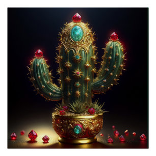 Goldener Saguaro-Kaktus mit eingebetteten Rubinen Poster