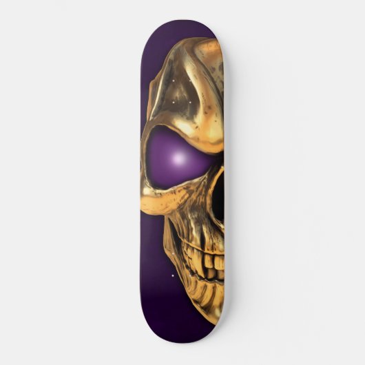Goldener Schädel mit glühenden lila Augen Skateboard (Vorderseite)