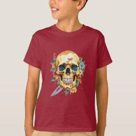Goldener Schädel mit Messer und Blume T-Shirt