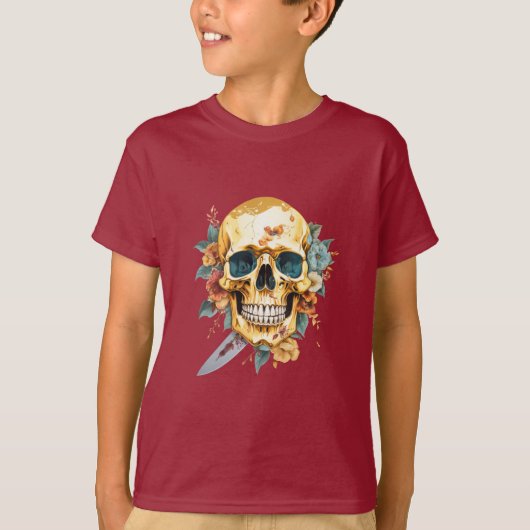 Goldener Schädel mit Messer und Blume T-Shirt (Vorderseite)