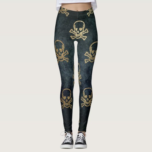 Goldener Schädel und Kreuzknochen Halloween-Muster Leggings (Vorderseite)