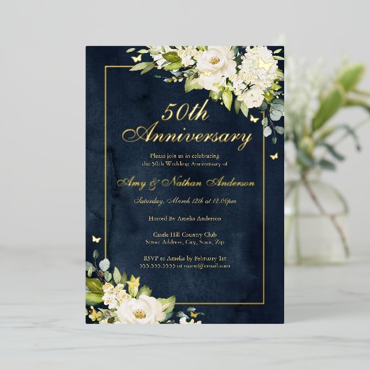 Goldener Schmetterling 50. Hochzeitstag Folieneinladung (Stehend vorne)