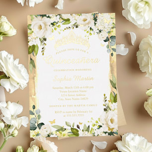 Goldener Schmetterling Champagner Floral Quinceane Folieneinladung