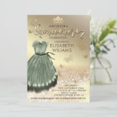 Goldener Schmetterling Grünes Kleid Quinceañera Einladung (Stehend Vorderseite)