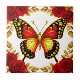 Goldener Schmetterling mit roten Rosen und goldene Fliese